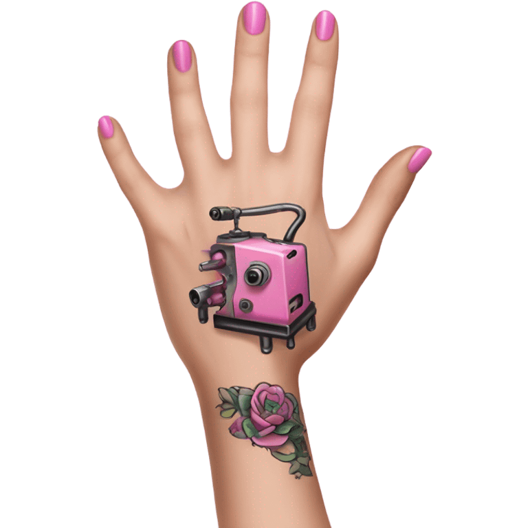 White girl hand with pink tattoos holding a tattoo machine emoji