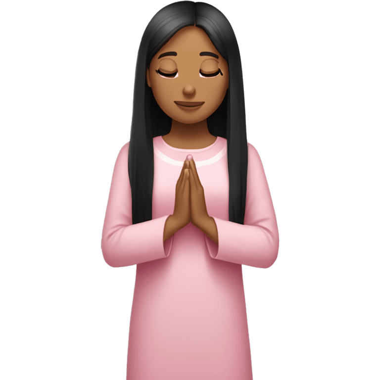 Caucasian girl with black straight hair praying with pink flora emoji