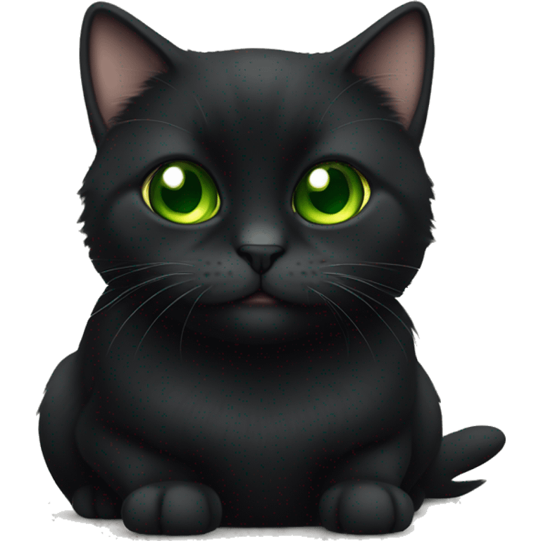 Black munchkin cat sitting with green eyes emoji