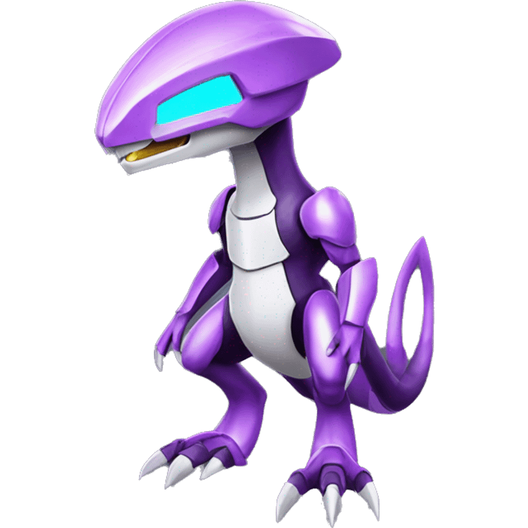 a shiny Genesect-Raptor-Fakémon—hybrid with a futuristic visor-helmet full body emoji