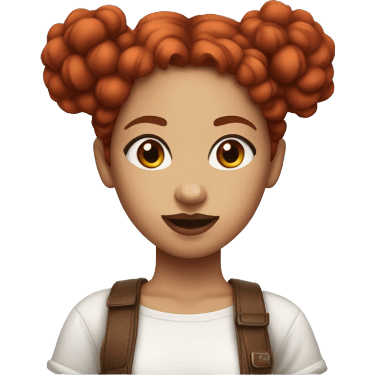 Create an Emoji Girl, slightly curly and long red hair and 2 buns on top of her head, red lipstick, white skin, brown eyes, red mesh shirt emoji