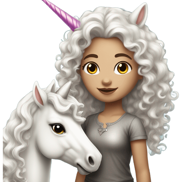 Beautiful white skin girl with curly hair standing next to unicorn emoji