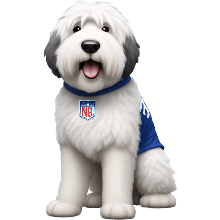 Old English Sheepdog full height wearing a dodgers jersey emoji