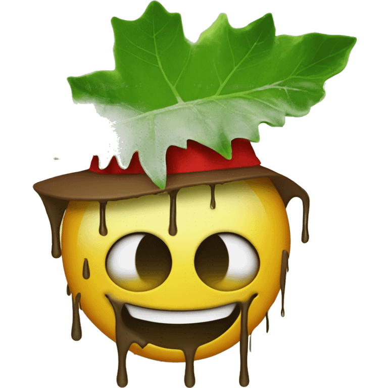 Dripping smiley face with wee leaf eyes and rasta hat emoji