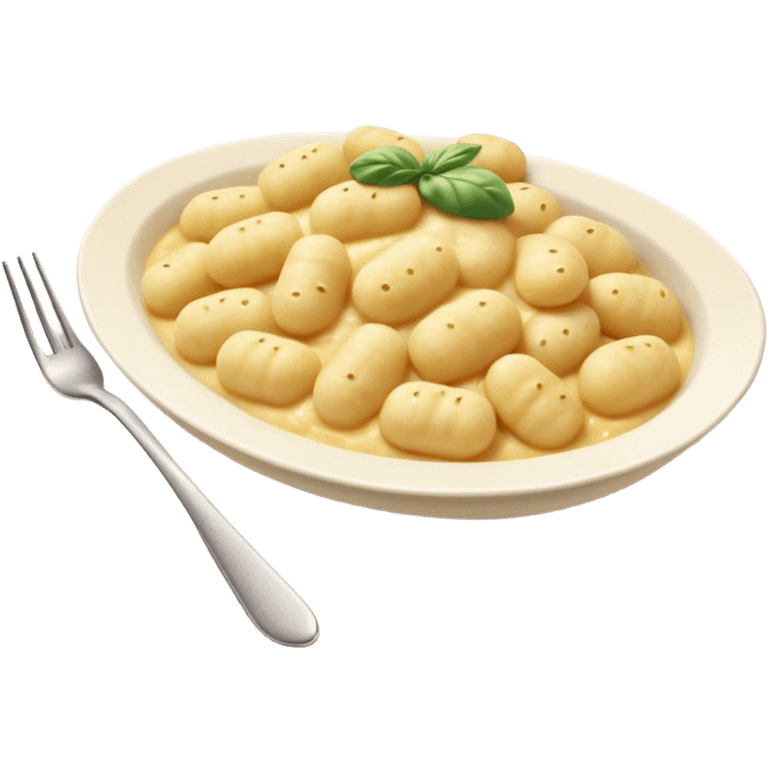 Gnocchi Cinematic Realistic Gnocchi Dish Emoji, depicted as tender oblong potato gnocchi garnished with iconic fork marks on top, rendered with soft textures and warm, inviting lighting. emoji