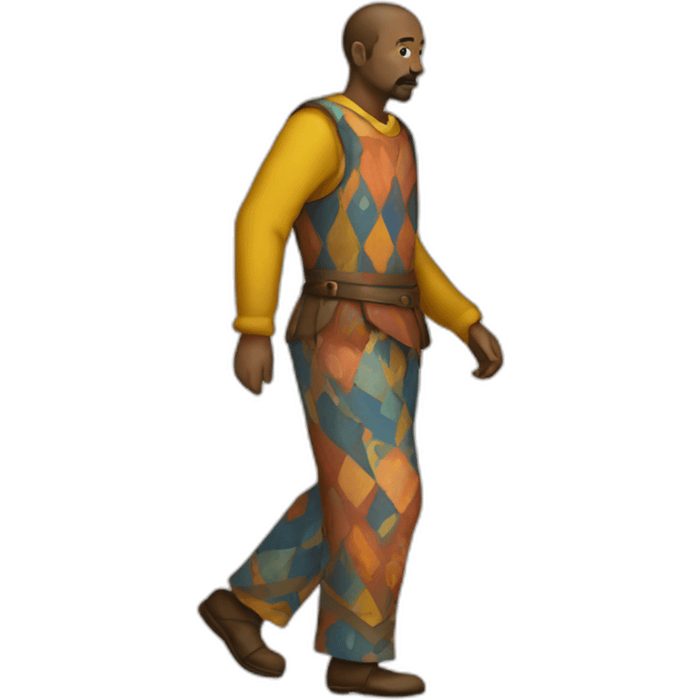 person wearing colorful pattern wide pants, walking, medieval emoji