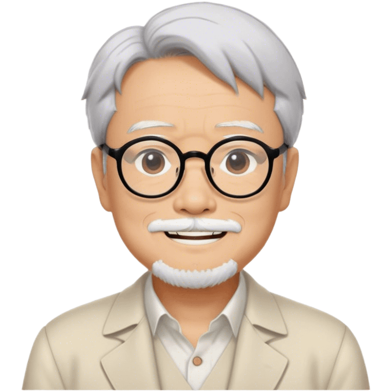 ​Cinematic Realistic Portrait of Hayao Miyazaki, depicted with defined black eyebrows, and large rectangular glasses, his happy expression rendered in lifelike detail, illuminated with soft, realistic lighting that emphasizes his creative genius, emoji