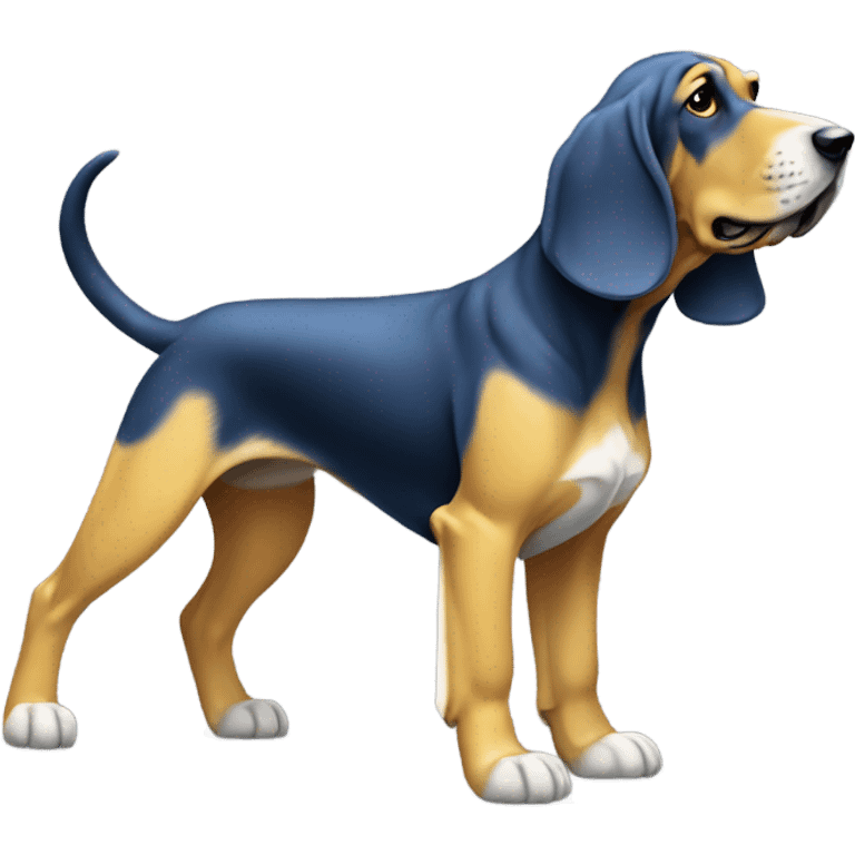 A Blue and yellow bloodhound dog standing on all fours, with a white flag attached to its tail. emoji