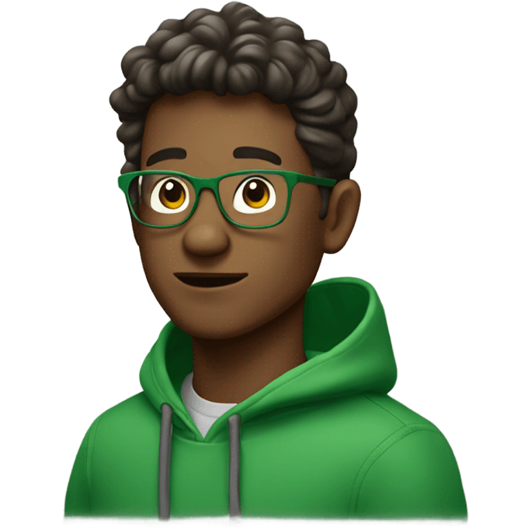 a brunnete guy with a bull cut and he wears glasses and green hoodies he also carry’s a water bottle emoji