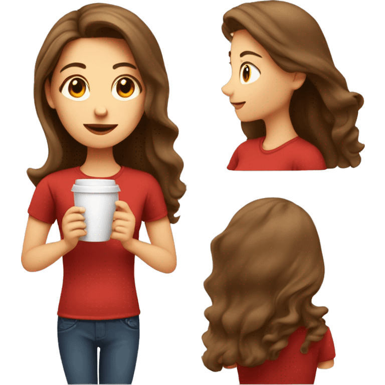 barista girl in a red t-shirt with long brown hair, with a cup of coffee in a hand emoji