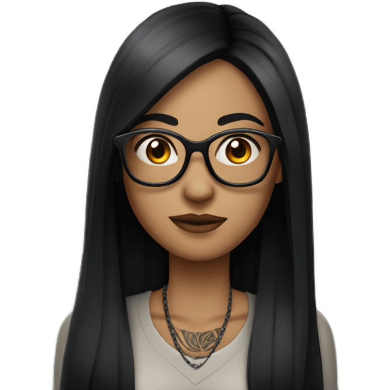 Woman with long straight black hair and glasses with fair skin and tattoos emoji