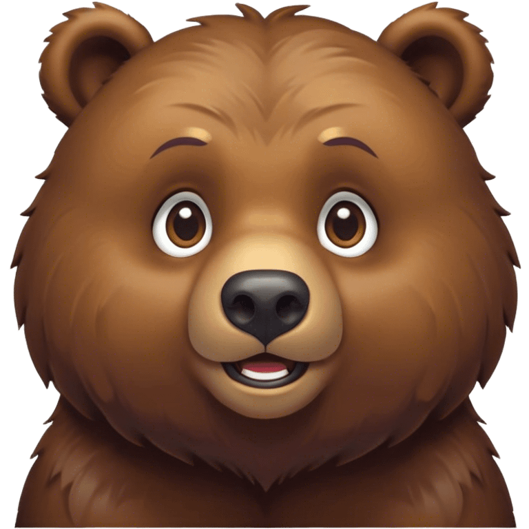 Cinematic Cute Grizzly Bear Portrait Emoji, Head tilted playfully and inquisitively, featuring a dense, rugged deep brown fur with a gentle, curious expression in round, sparkling eyes, Simplified yet irresistibly adorable features, highly detailed, glowing with a warm, friendly glow, high shine, affectionate and surprisingly gentle, stylized with a touch of wild whimsy, bright and endearing, soft glowing outline, capturing the essence of a mischievous yet loving bear, so playful it feels like it could amble out of the screen and into your arms! emoji