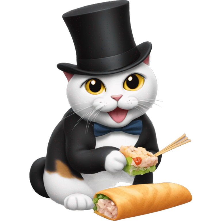 Cat with a top hat eating sushie emoji