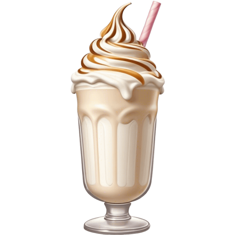 Cinematic Realistic Milkshake Drink Emoji, depicted as a thick, creamy milkshake with a swirl of whipped cream rendered with rich textures and inviting, nostalgic lighting. emoji