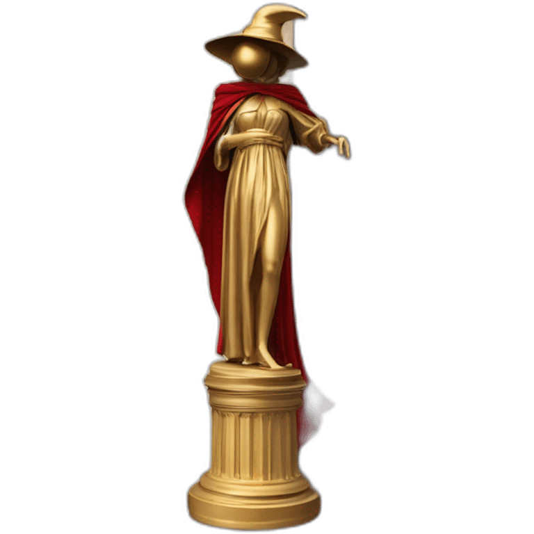 distant view of an abstract renaissance statue of a female figure in a coat with a red plague doctor's mask on her face standing on an antique style golden greek column, 4K resolution emoji