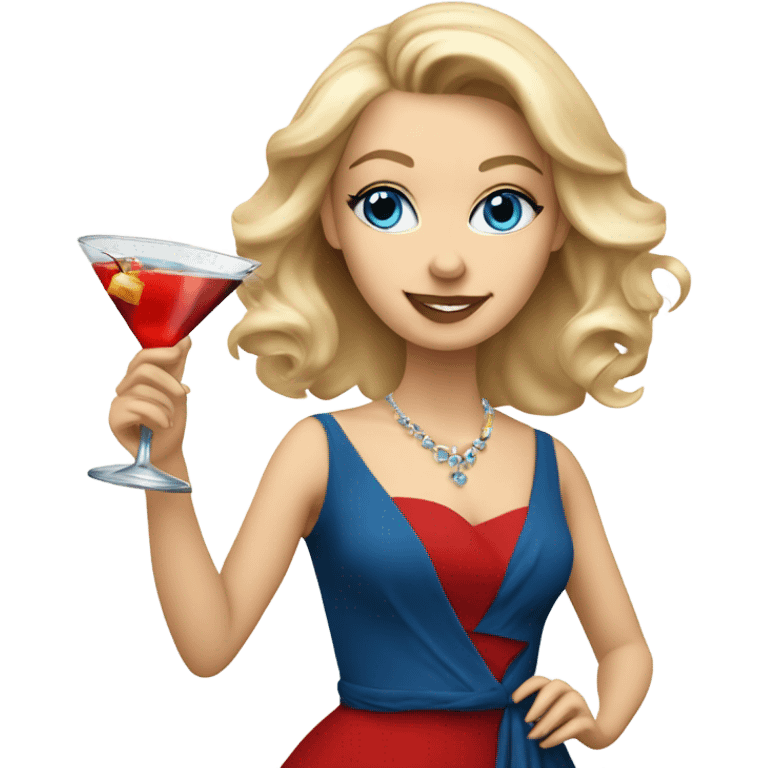 Beautiful blonde white woman with blue eyes and red dress dancing with martini emoji