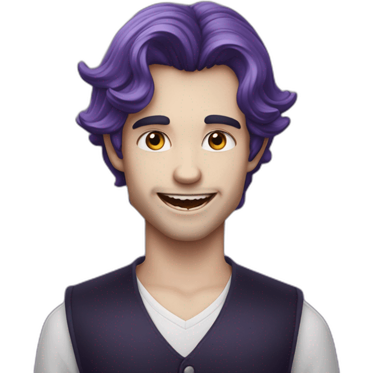 Un garçon qui sourit avec des dent de vampire les cheveux tayper violets emoji