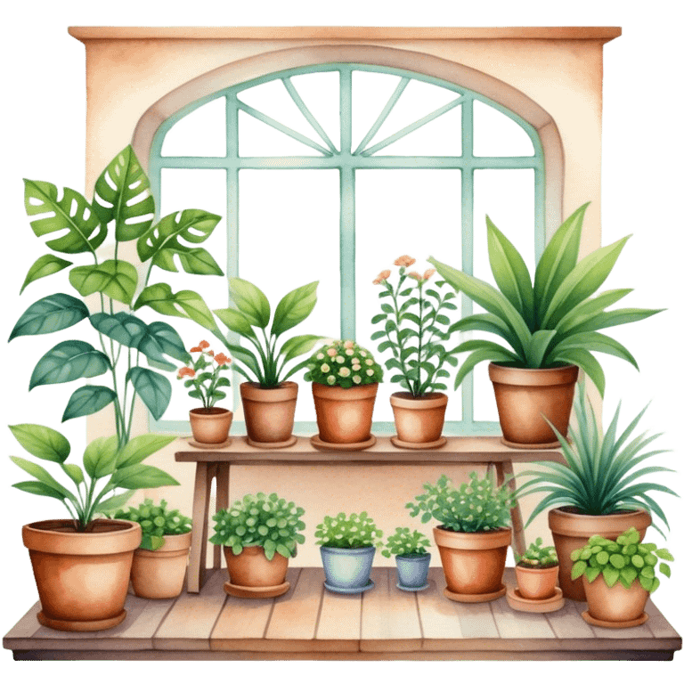 A cozy indoor garden scene with an assortment of potted plants, painted in a delicate and natural watercolor style. emoji