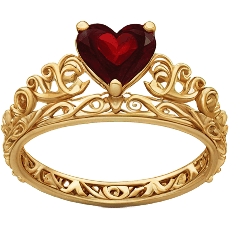 Gold ornate tiara shaped engagement ring with heart shaped garnet stone in center front facing emoji