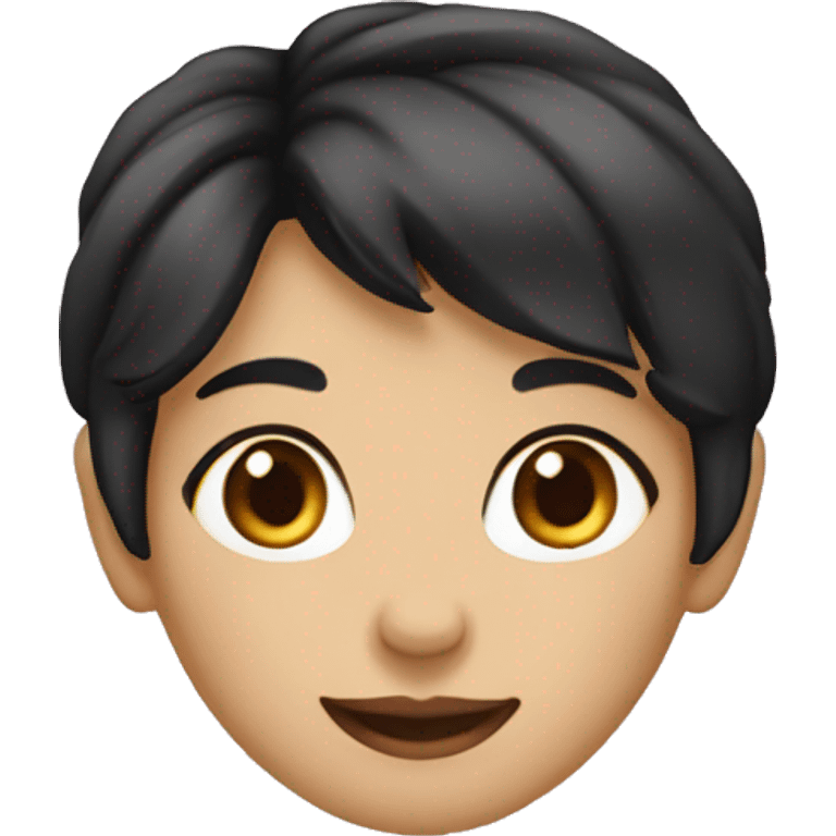  A girl with short, boyish-style black hair. Fair skin. Dark brown eyes. Smiling naturally. emoji