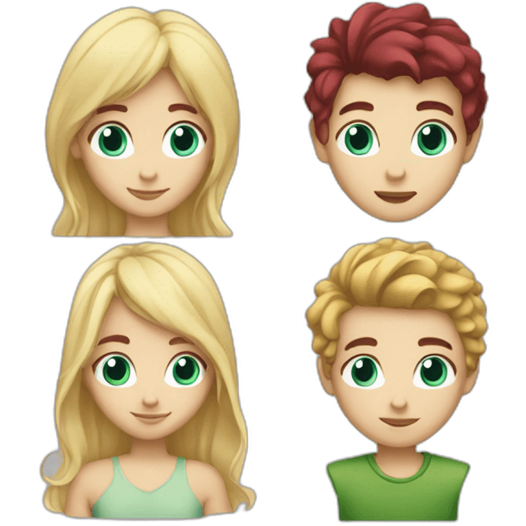 Boy with Burgundy hair and blue eyes and girl with blonde hair and blue eyes and boy with blonde hair and green eyes emoji