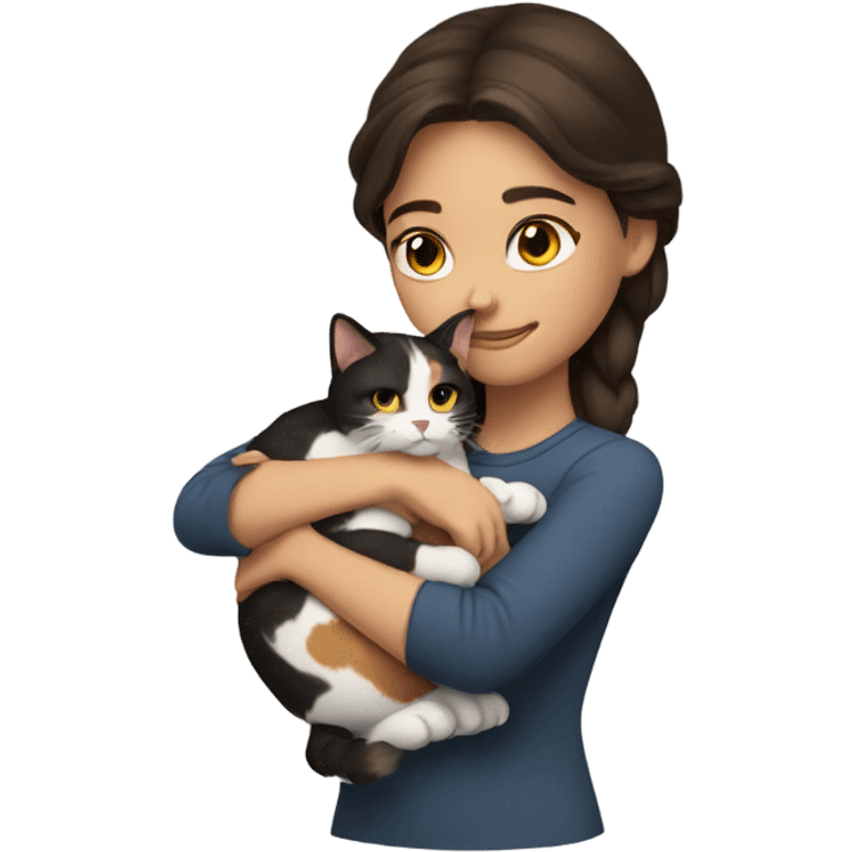 brunette girl hugging cat, calico cat emoji