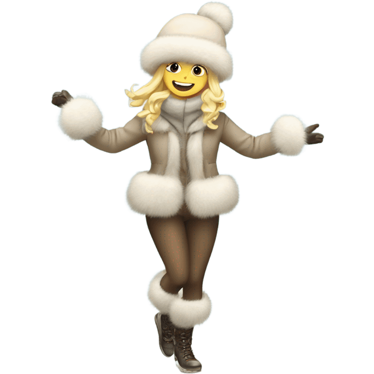 blonde girl in a fur hat dancing in the snow full body emoji