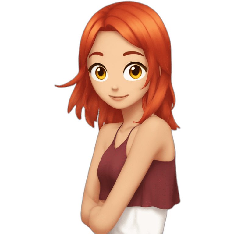 Anime cool girl Red hair and tanned skin, fire emoji