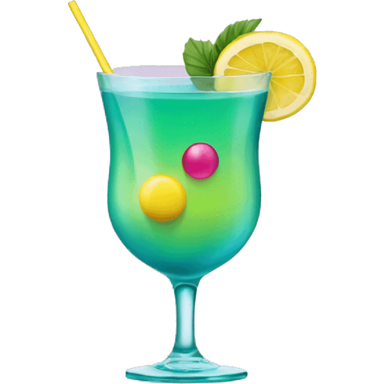 Bluish green cocktail with pink and yellow emoji