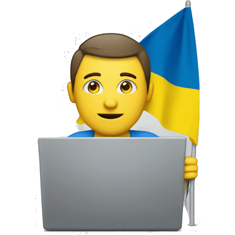 man with the flag of Ukraine and behind a laptop emoji