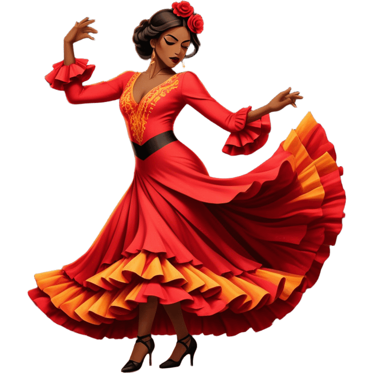 Cinematic Realistic Flamenco Dance Emoji, depicted as a passionate expressive flamenco performance with dramatic costumes and dynamic fiery movements, rendered with vibrant textures and bold energetic lighting that captures its intense rhythm. emoji