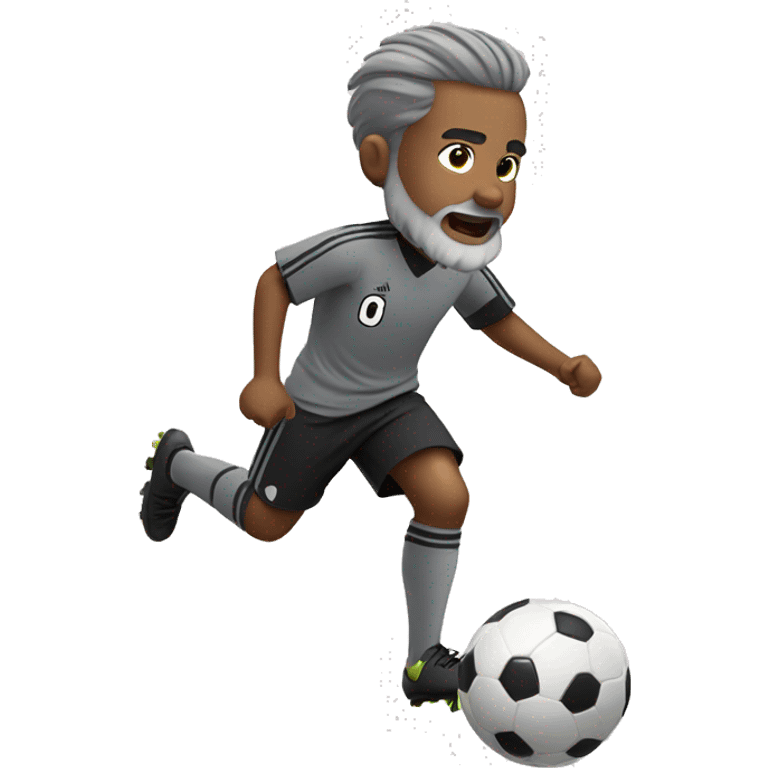 small boy in gray soccer uniform and black shorts with gray beard  and hair kicking a soccer ball emoji