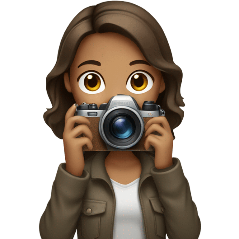 Create a cute girl with tan skin and brown hair taking a picture emoji