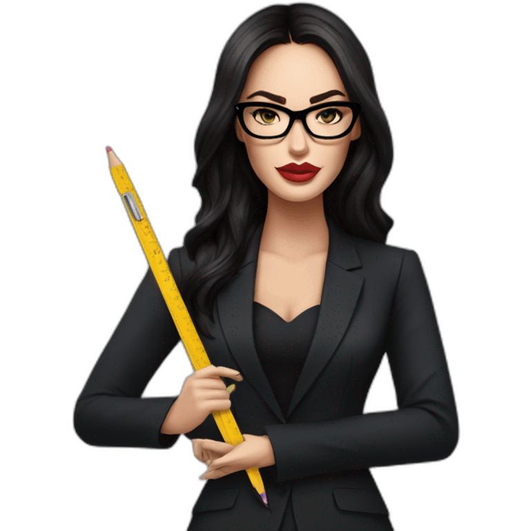 hyper realistic megan fox, wearing black suit and black glasses, holding a ruler emoji