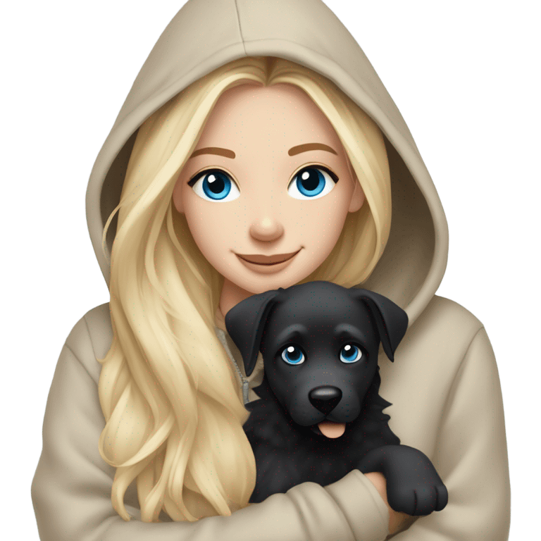 White girl blue eyes Blonde balayage long hair beige hoodie cuddling happy black dog emoji