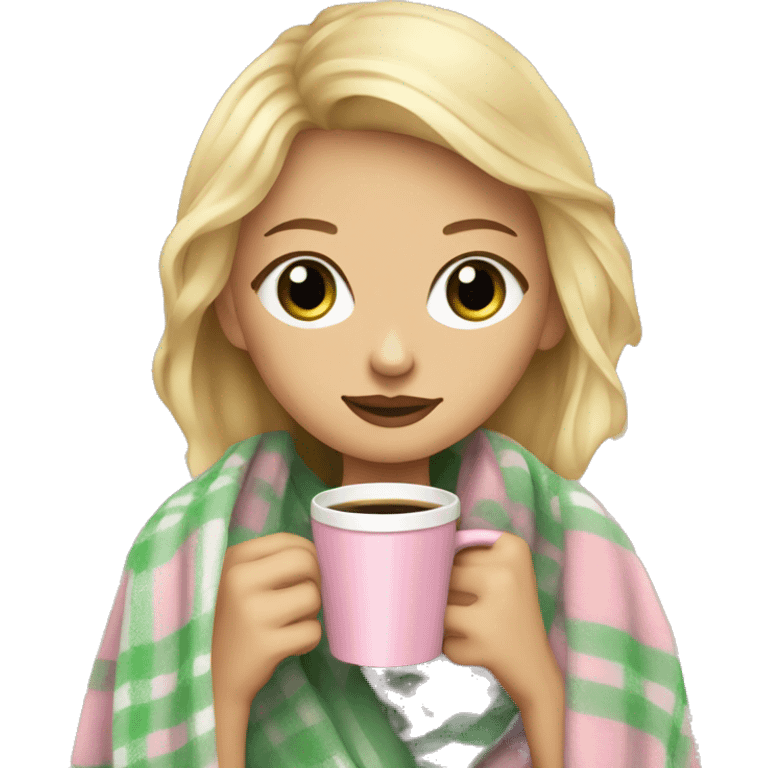 cute dirty blonde girl with green hazel wrapped in pastel pink plaid blanket drinking coffeeemoji emoji