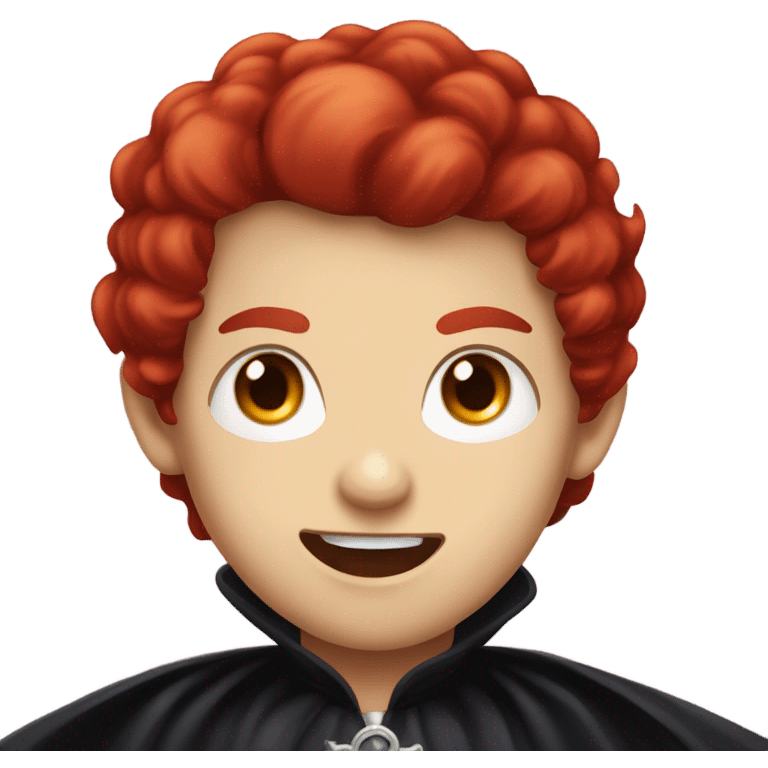 a vampire boy with red hair, fangs and red eyes, wearing stand-up collar cape emoji