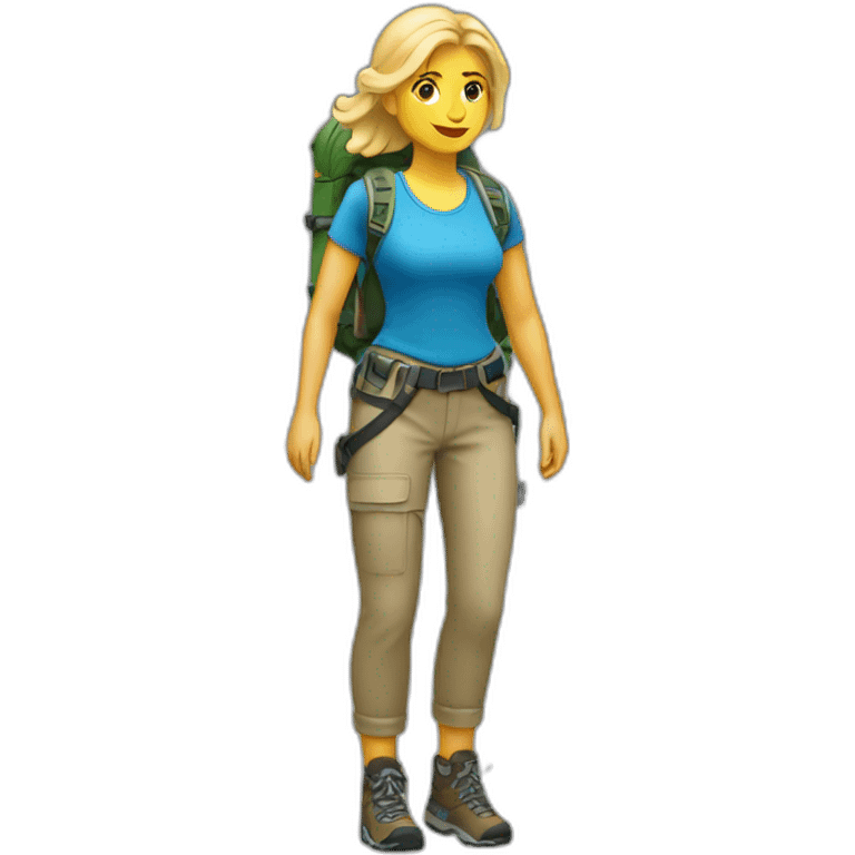 blonde woman Hiking (full body) emoji