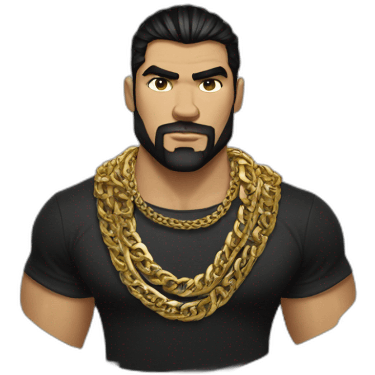 Russian strong man thug wearing gold chain with black hair and short beard, wearing designer fendi tshirt emoji