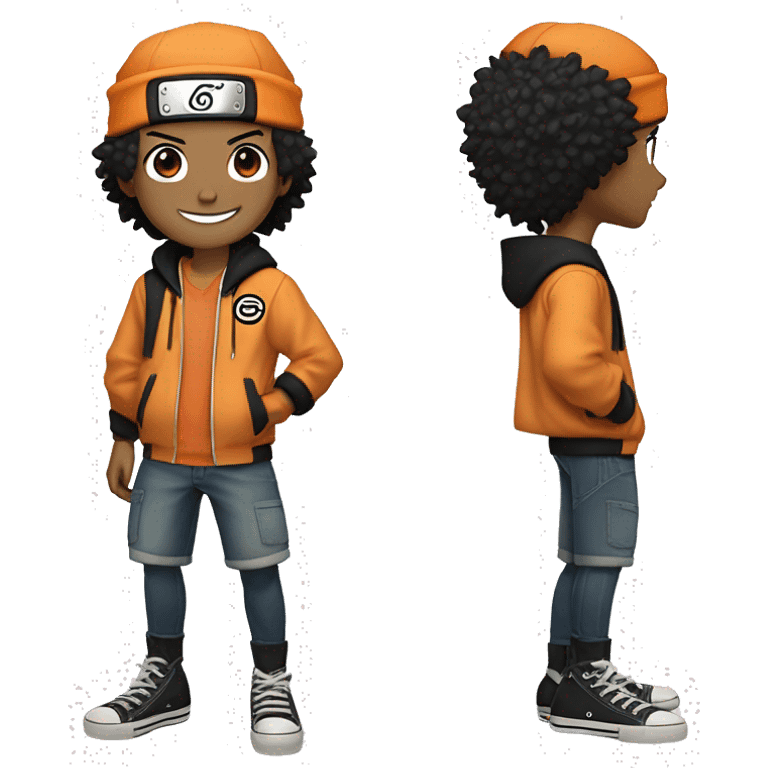 Naruto character looking brazilian , biracial, short straight black hair, orange jacket with a little black, a head wrap from his character, black Converse shoes, jean shorts and smiling emoji