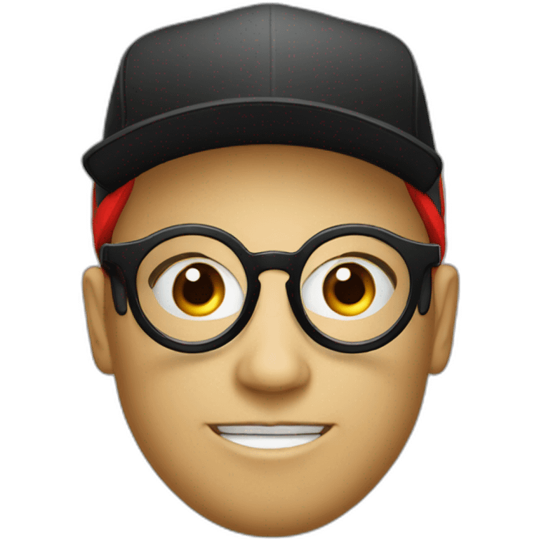 ball with a red cap with a black brim no mouth round glasses emoji