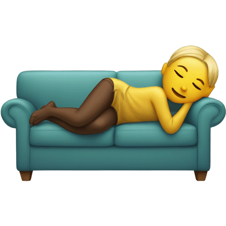 A person lying on a sofa, one leg crossed over the other, with hands behind the head, relaxing in a cozy setting, emoji skin emoji