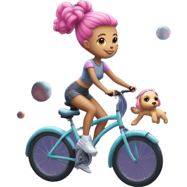 girl with pink hair in space buns riding a bicycle emoji