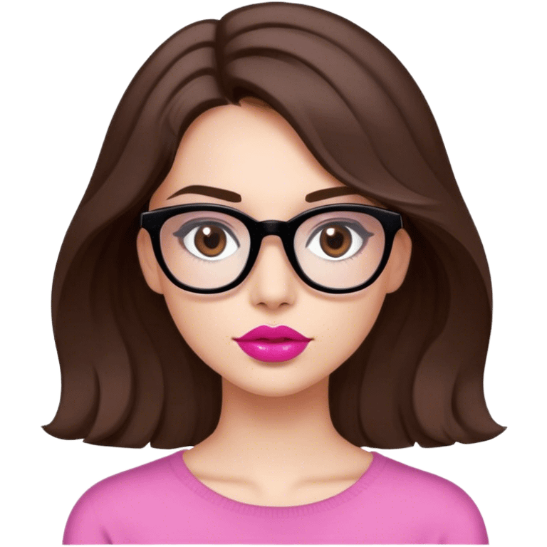 joven mujer de cabello por los hombros medio risado castaño, ojos marron oscuro, blanca, con gafas negras. labios rosados  emoji