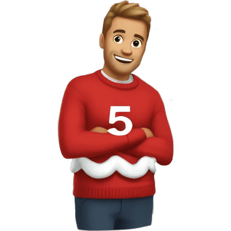 Red christmas sweater with thing 5 written on it with white letters emoji