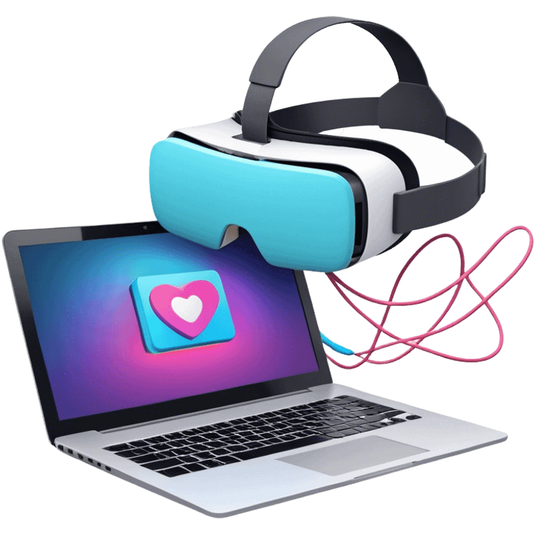 VR headset lying next to a laptop, connected by wires. On the laptop screen a VR/AR modeling program is opened. Floating 3D models or virtual objects. Modern, tech-inspired colors. No emojis or smiley faces. Transparent background. emoji