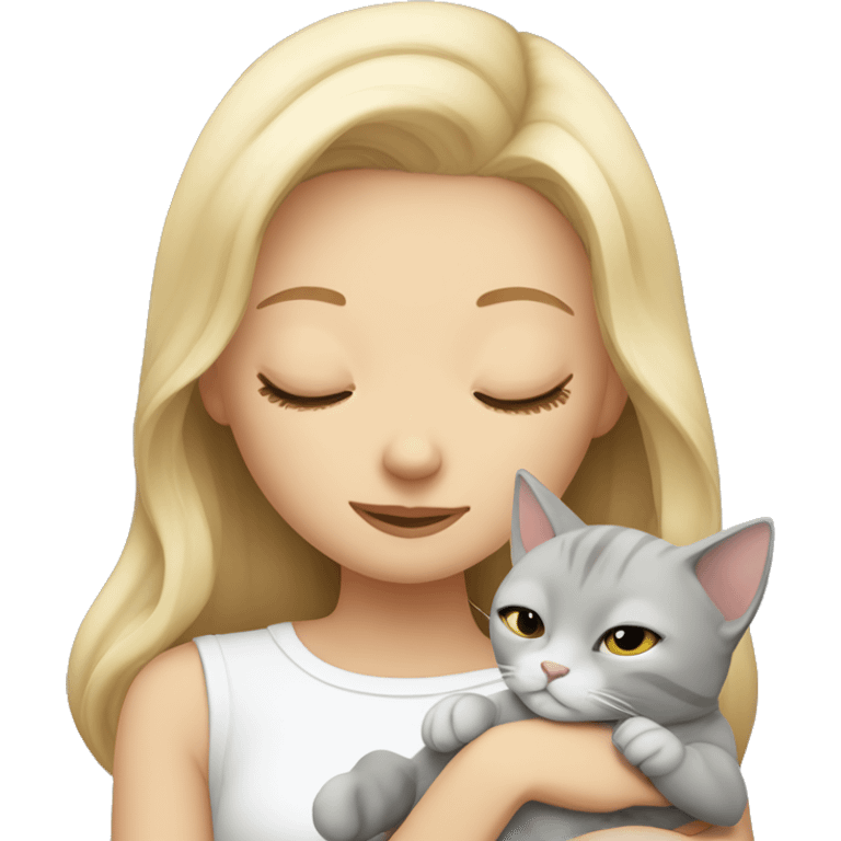 Blonde girl sleeping with grey and white small cat emoji