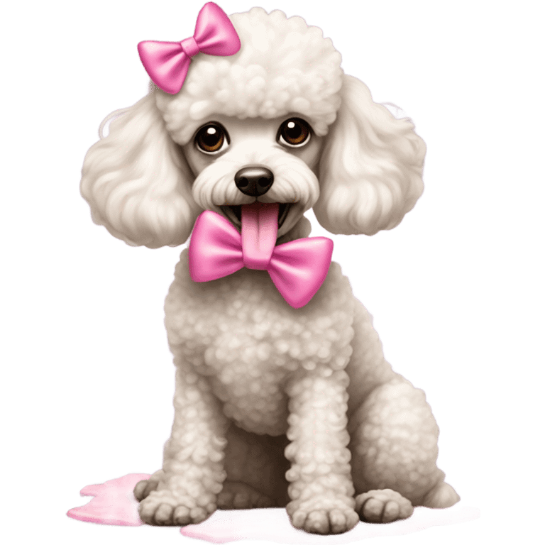 miniature poodle with a pink bow on the head licking i cream off the floor  emoji