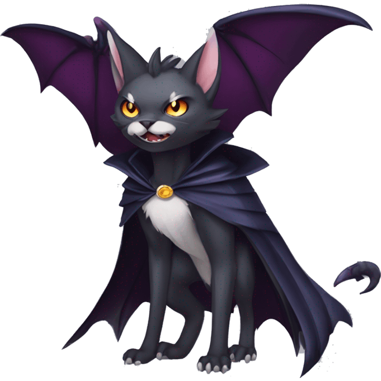   cool edgy beautiful fantasy anime-style dark animal vampiric Nargacuga-cat-hybrid Fakemon with big fangs and bat-wing-ears with a cape full body emoji