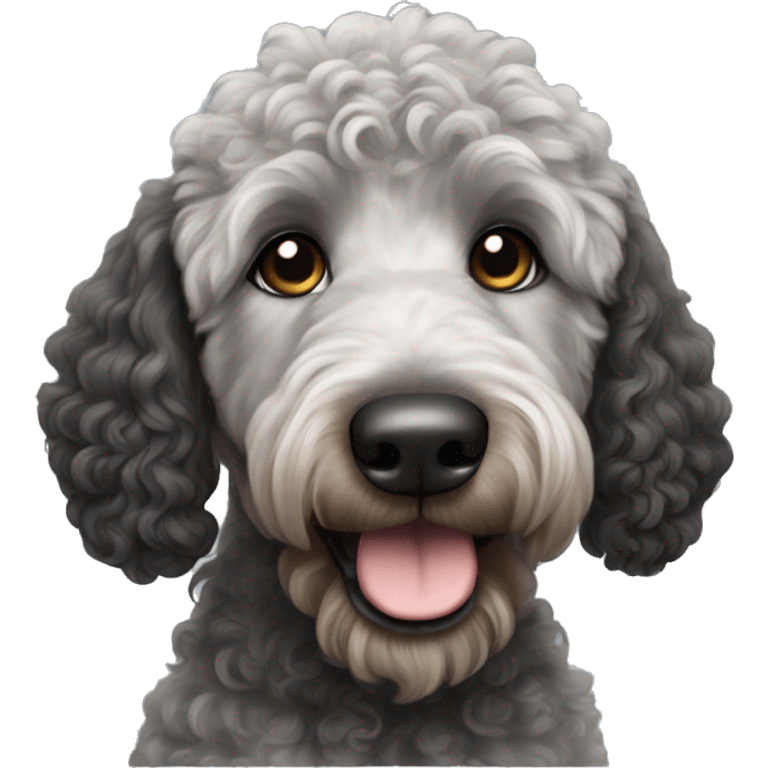 Curly Black with gray golden doodle with black ears and brown muzzle  emoji